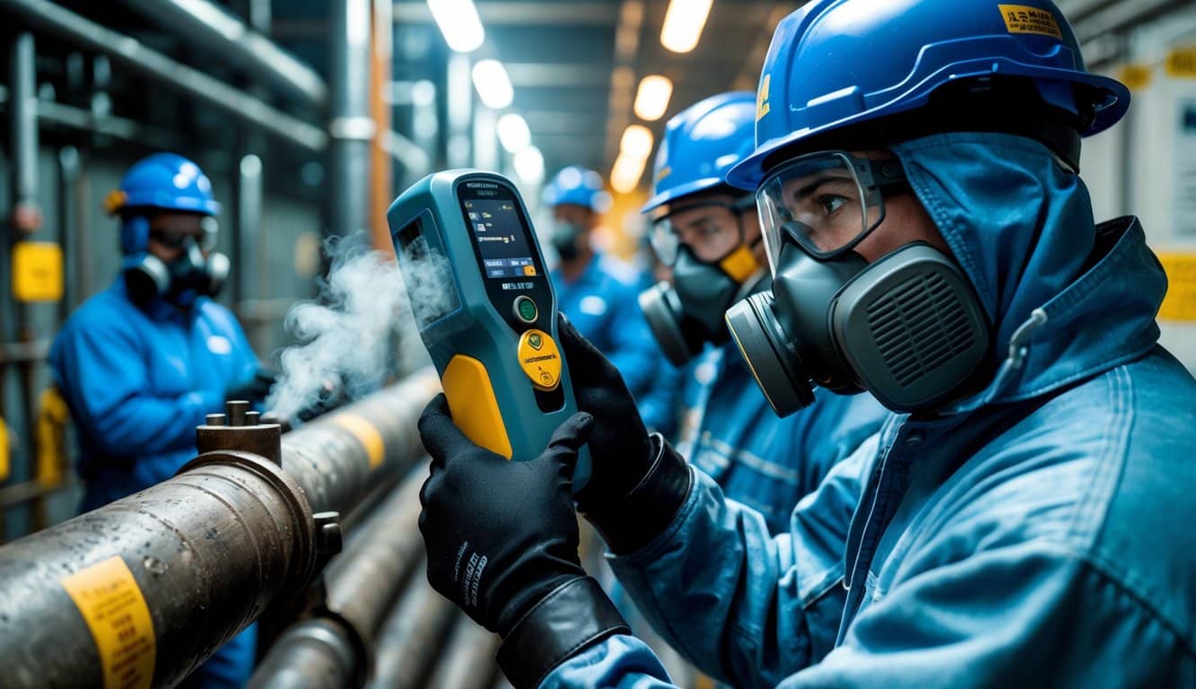 Workers in protective gear conducting toxin testing in an industrial setting, focusing on a worker using a gas detector near a pipe emitting vapor.