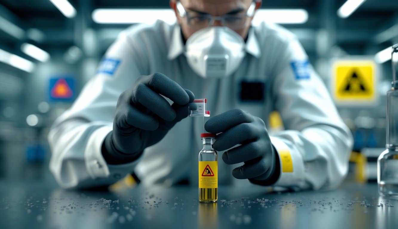 A safety officer wearing gloves and a mask carefully holding a vial of chemical sample in an industrial laboratory with safety equipment and instruments around.