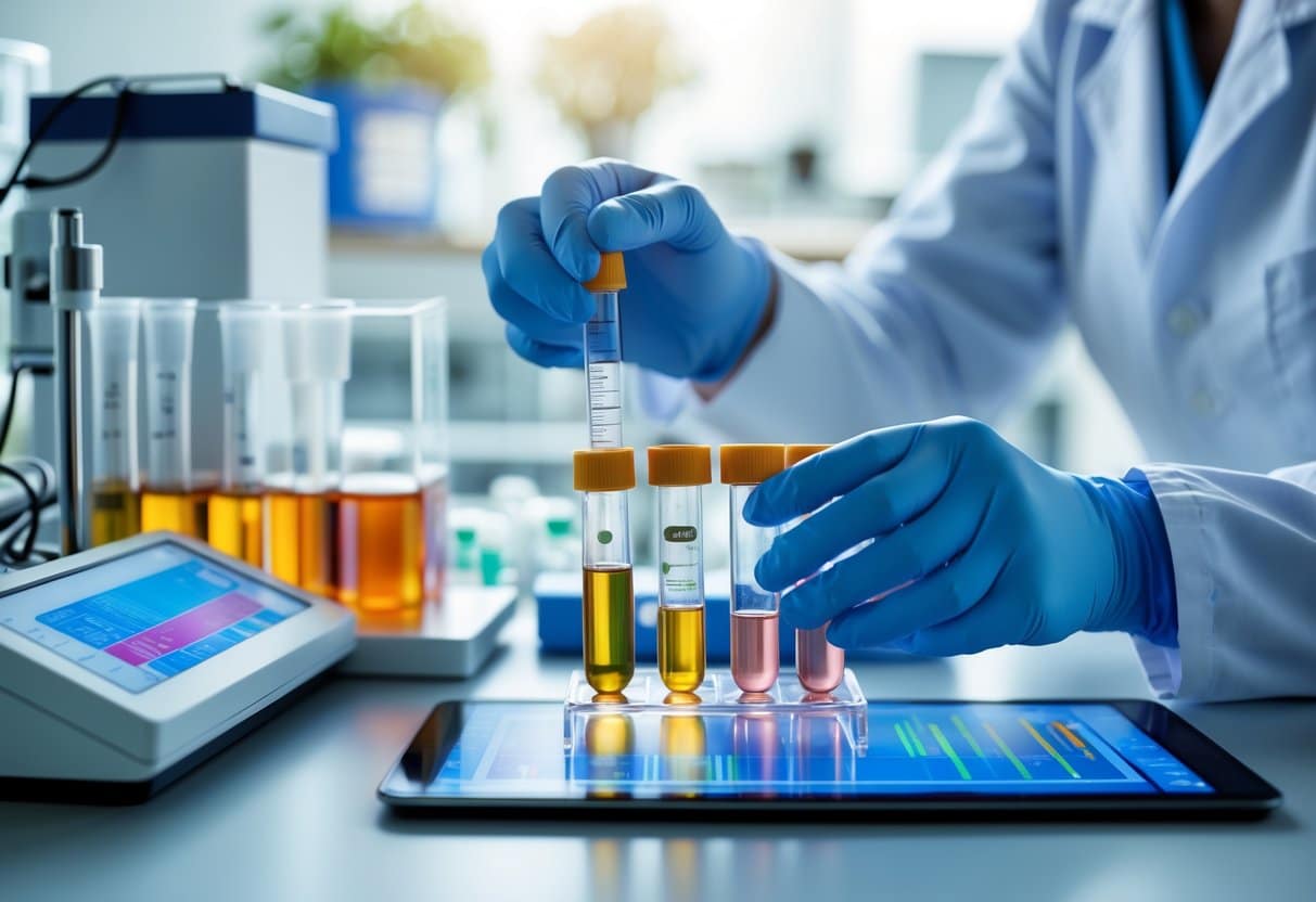A healthcare professional in a lab coat handling test tubes in a modern medical laboratory with diagnostic equipment on the bench.