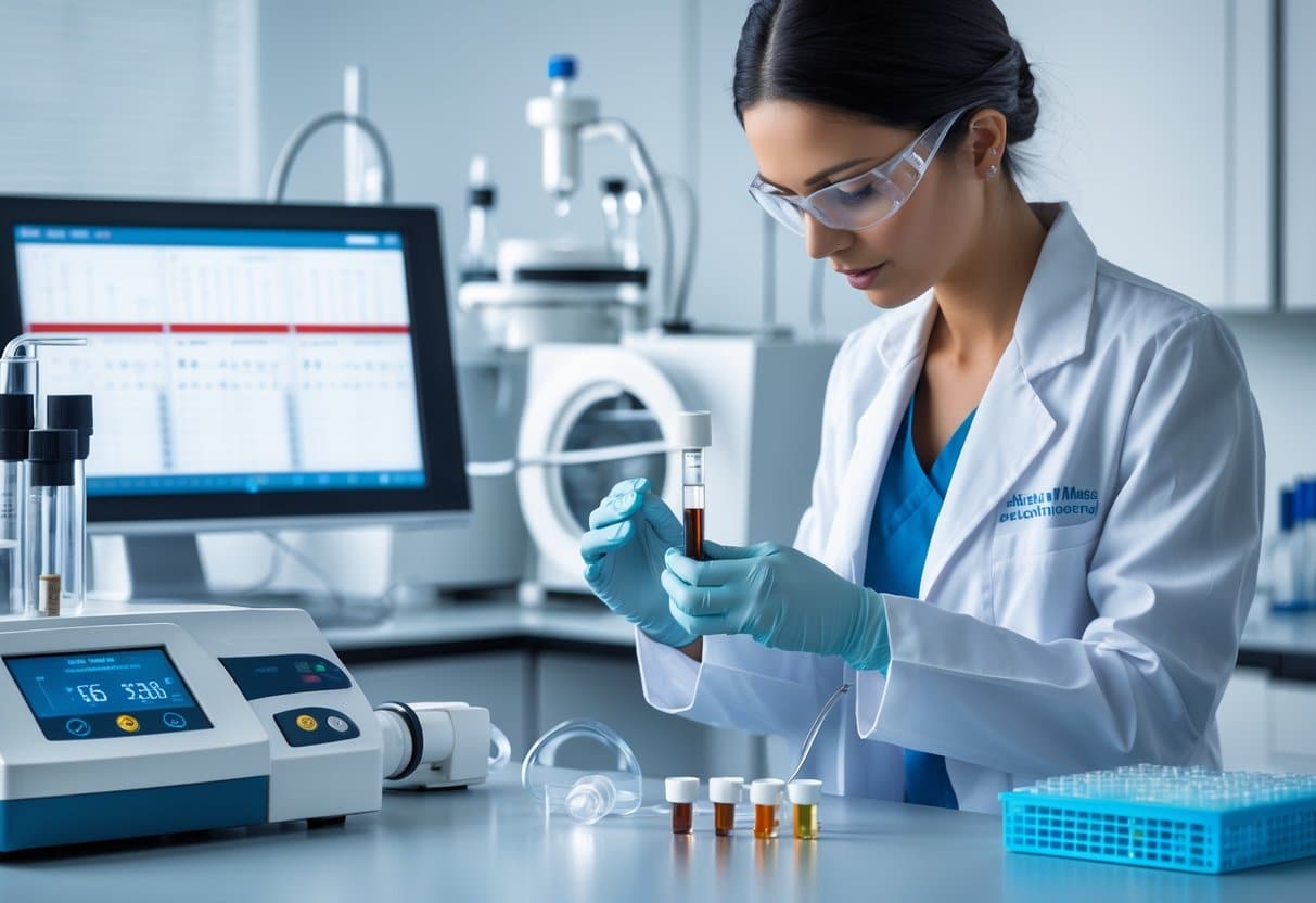 A medical technician in a lab coat handling a blood sample in a clean laboratory with scientific equipment.