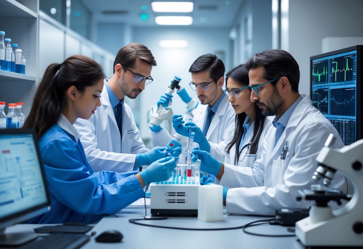 Healthcare professionals in a modern laboratory analyzing samples and data related to toxin testing.