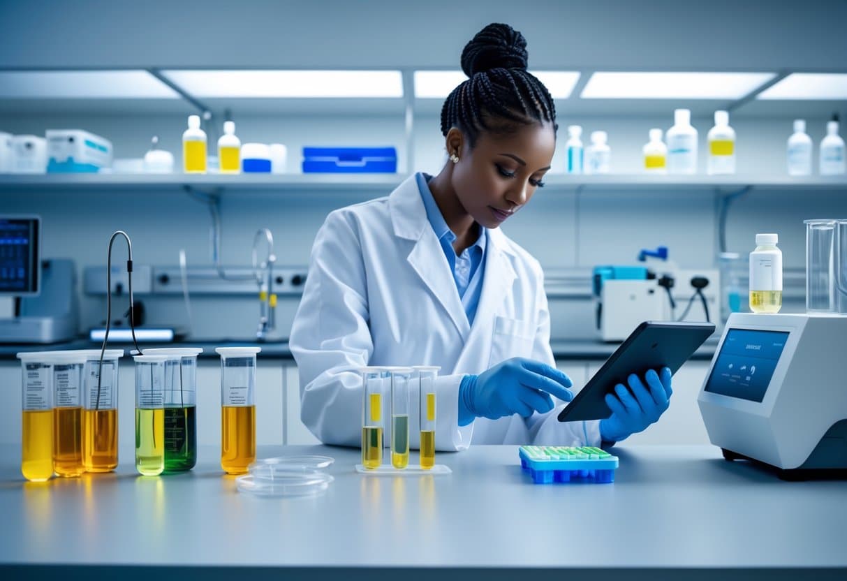 A healthcare professional in a lab coat working with medical testing equipment in a clean laboratory setting.