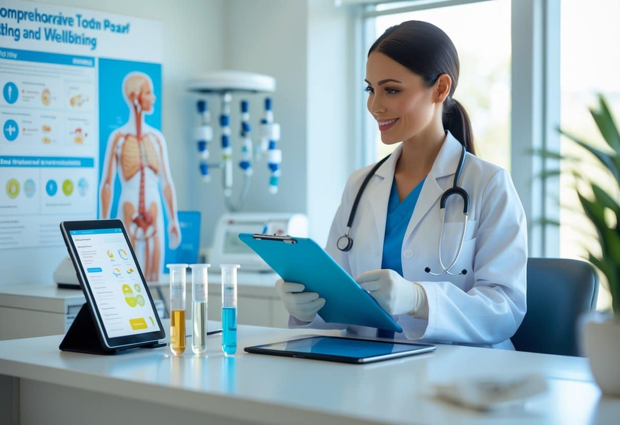 A healthcare professional talks with a patient in a bright medical office surrounded by lab equipment and health data displays.