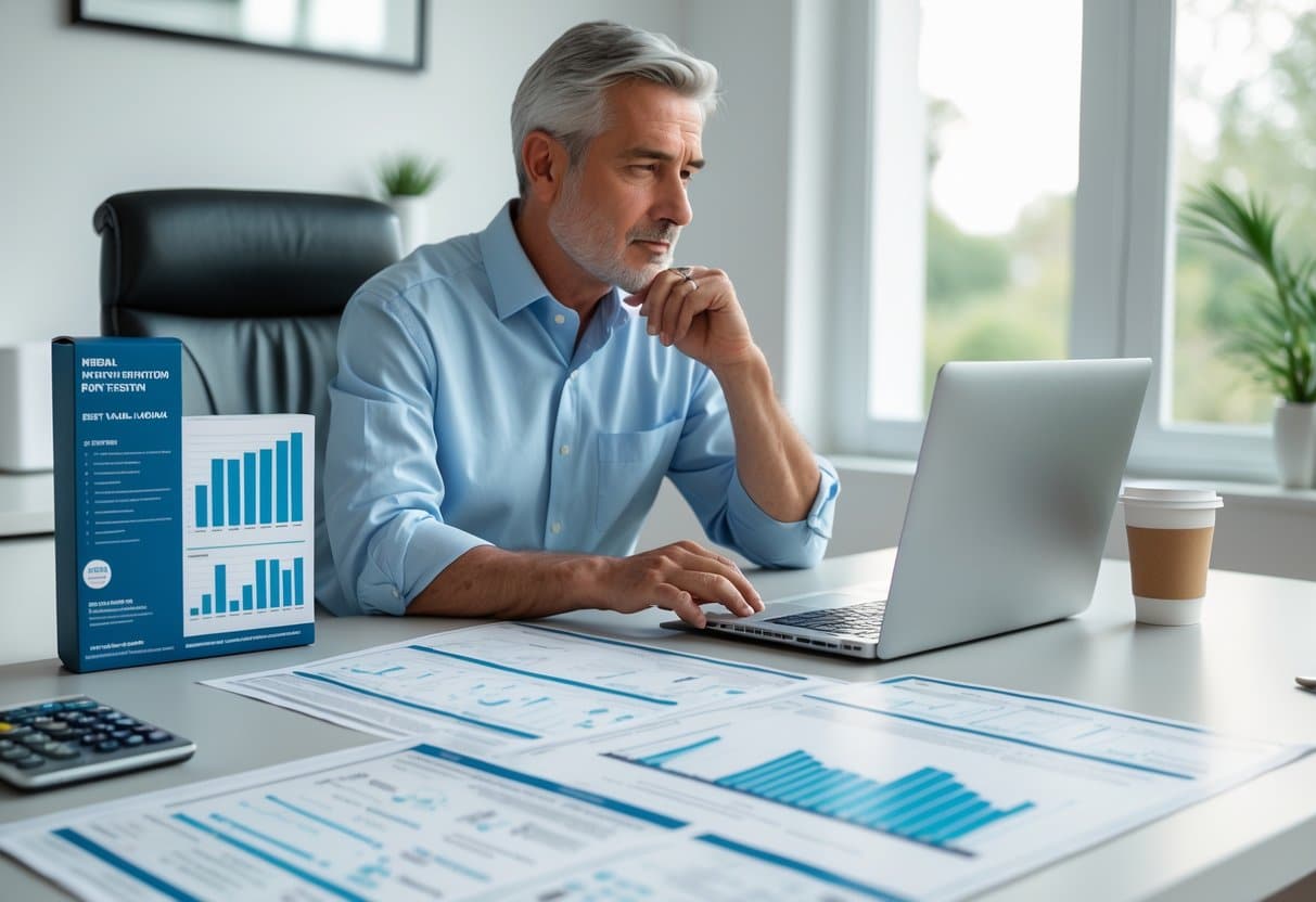 A person sitting at a desk reviewing medical documents and a laptop, appearing thoughtful and focused.