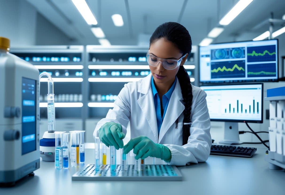 A healthcare professional in a laboratory handling test tubes and diagnostic equipment surrounded by medical instruments and data screens.