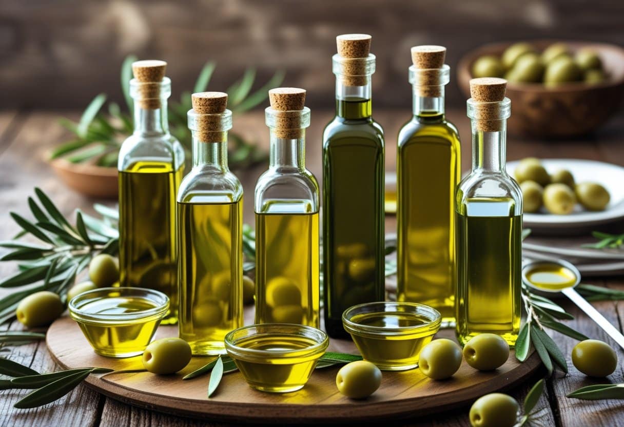 Various bottles of olive oil with fresh olives and olive branches arranged on a wooden table alongside small bowls of olive oil and a plate of Mediterranean food.