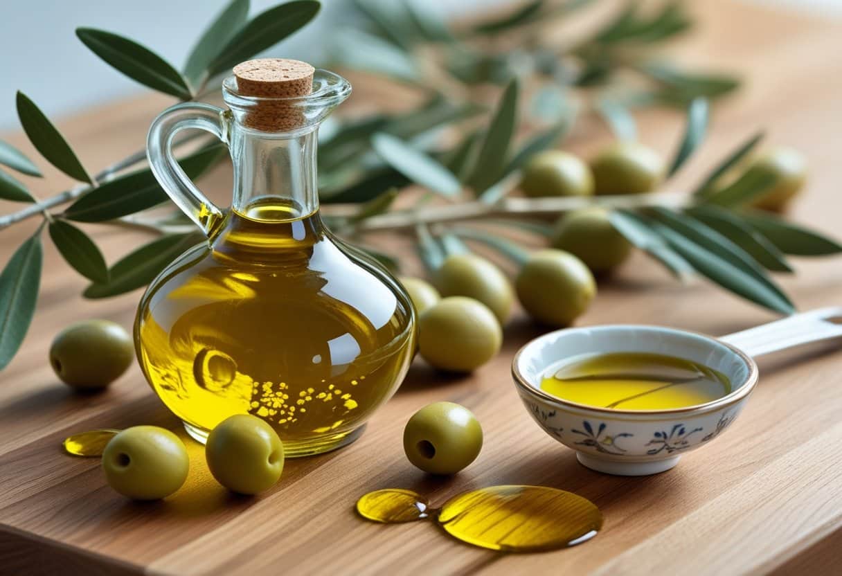 A bottle and bowl of olive oil on a wooden countertop surrounded by fresh olives and olive branches.