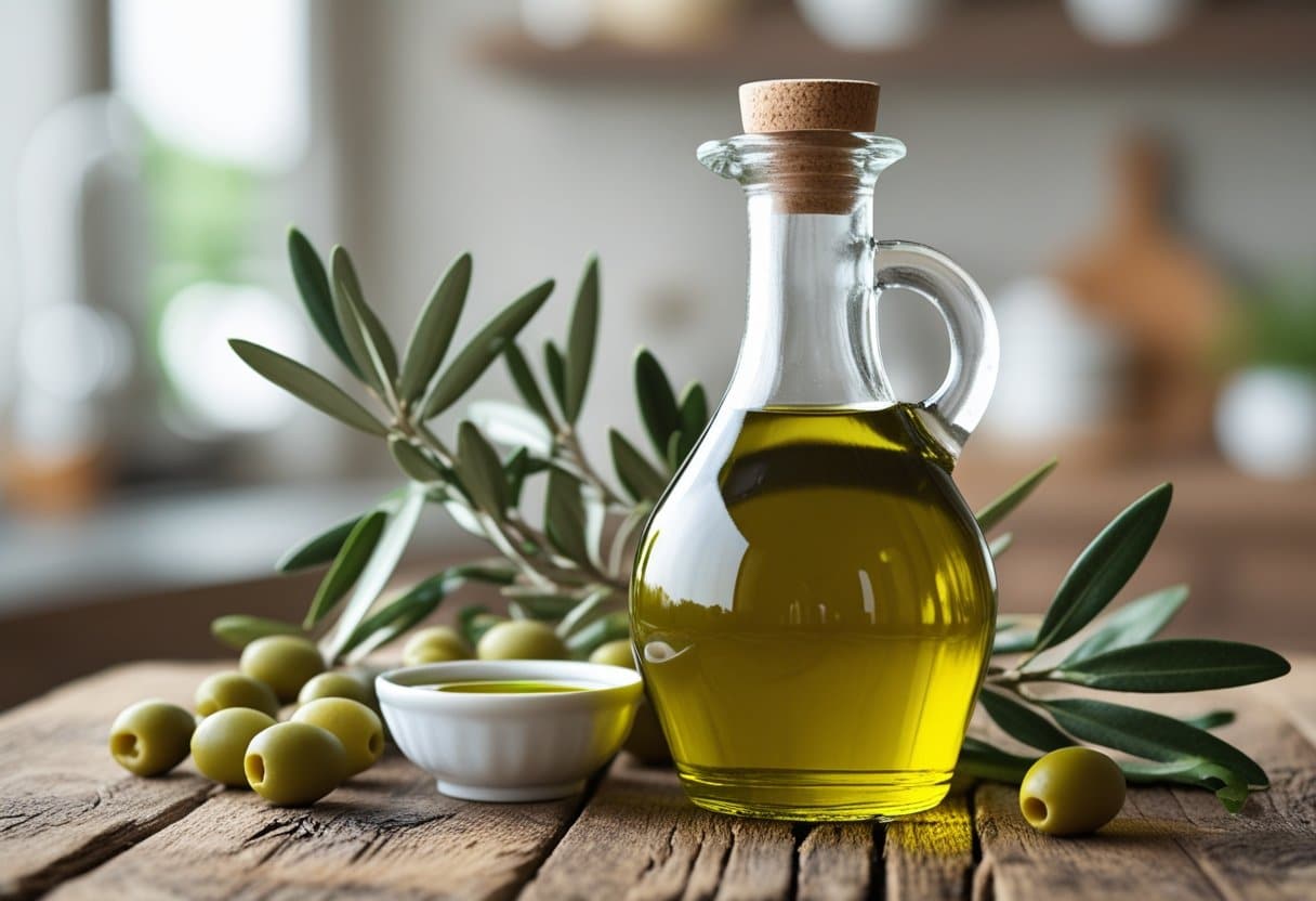 A bottle of olive oil on a wooden table surrounded by fresh olives and olive branches in a kitchen setting.