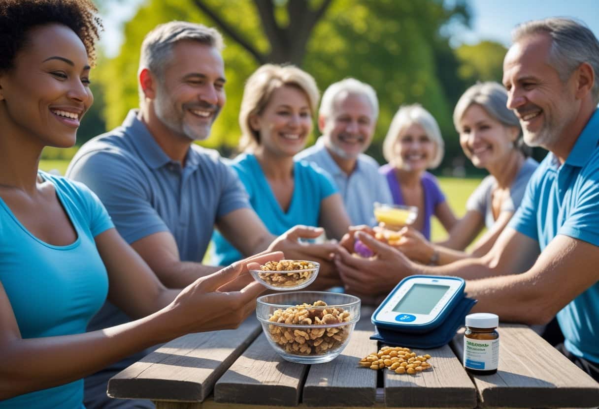 People enjoying light exercise outdoors with a bowl of omega-3 rich foods and a blood pressure monitor on a picnic table nearby.