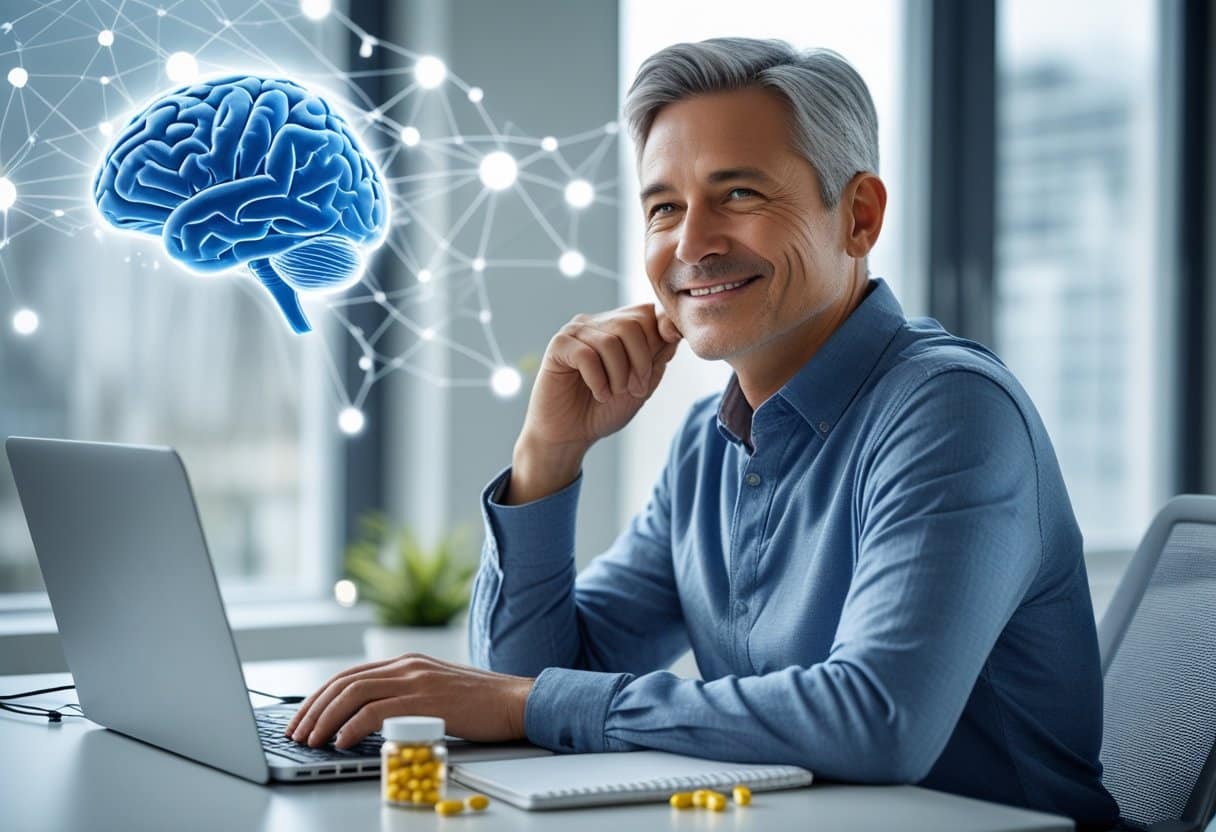 A person sitting at a desk with Omega-3 capsules nearby, surrounded by abstract brain illustrations symbolizing improved brain function.