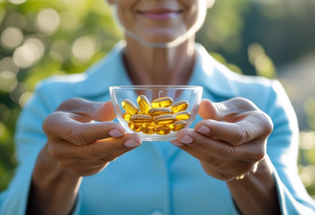 A middle-aged person holding a bowl of omega-3 capsules outdoors with a calm expression and a natural green background.
