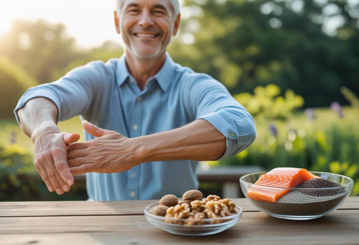 A smiling middle-aged person stretching their arms outdoors near a bowl of omega-3 rich foods including salmon and nuts.