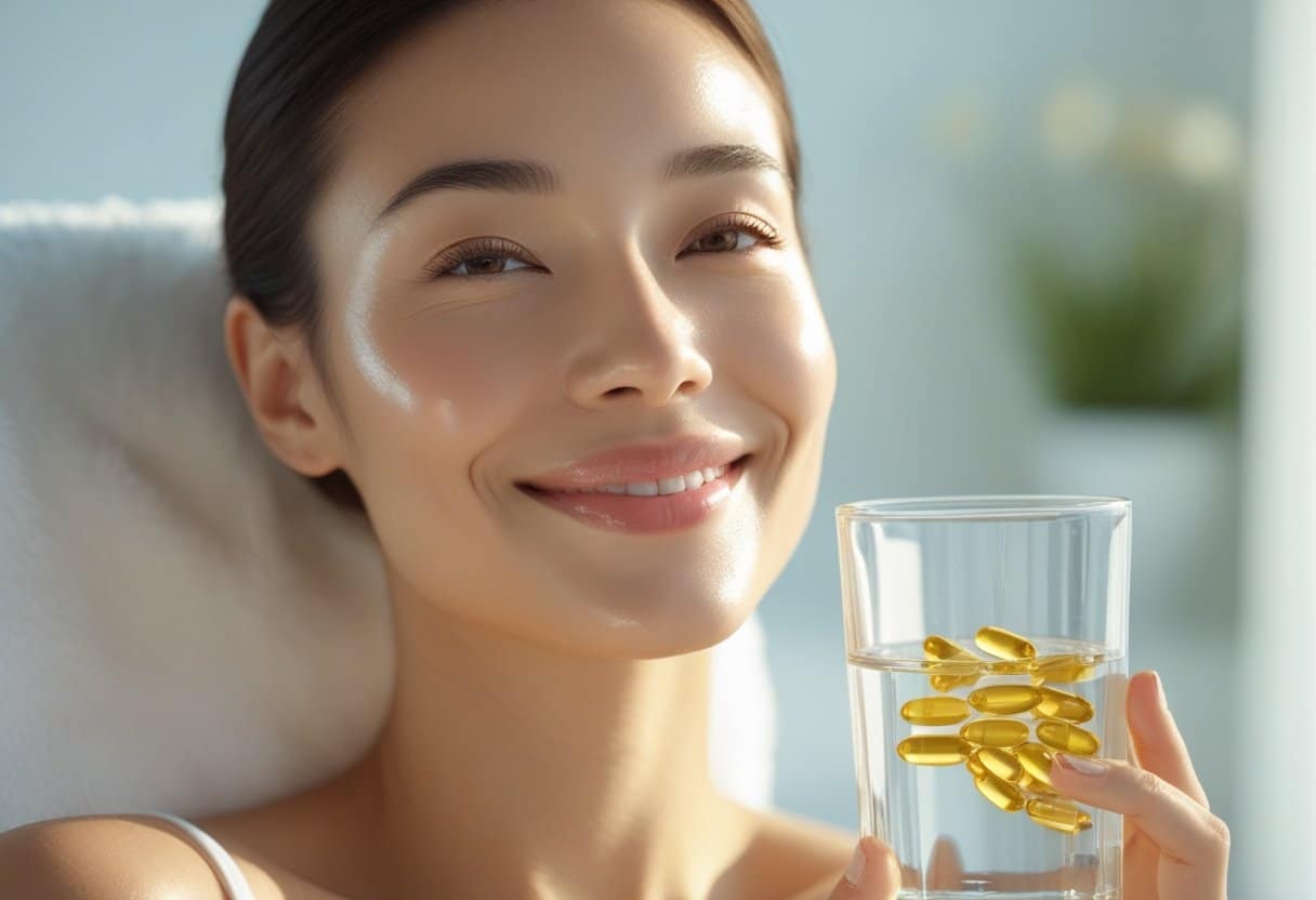 A smiling woman with glowing skin holding a glass of water with omega-3 capsules nearby.