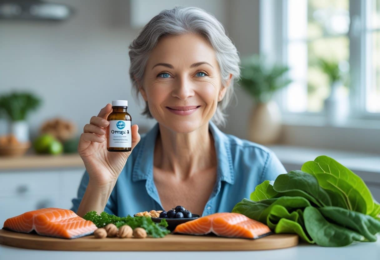 A middle-aged woman smiling while holding omega-3 supplements at a kitchen table with fresh omega-3 rich foods nearby.
