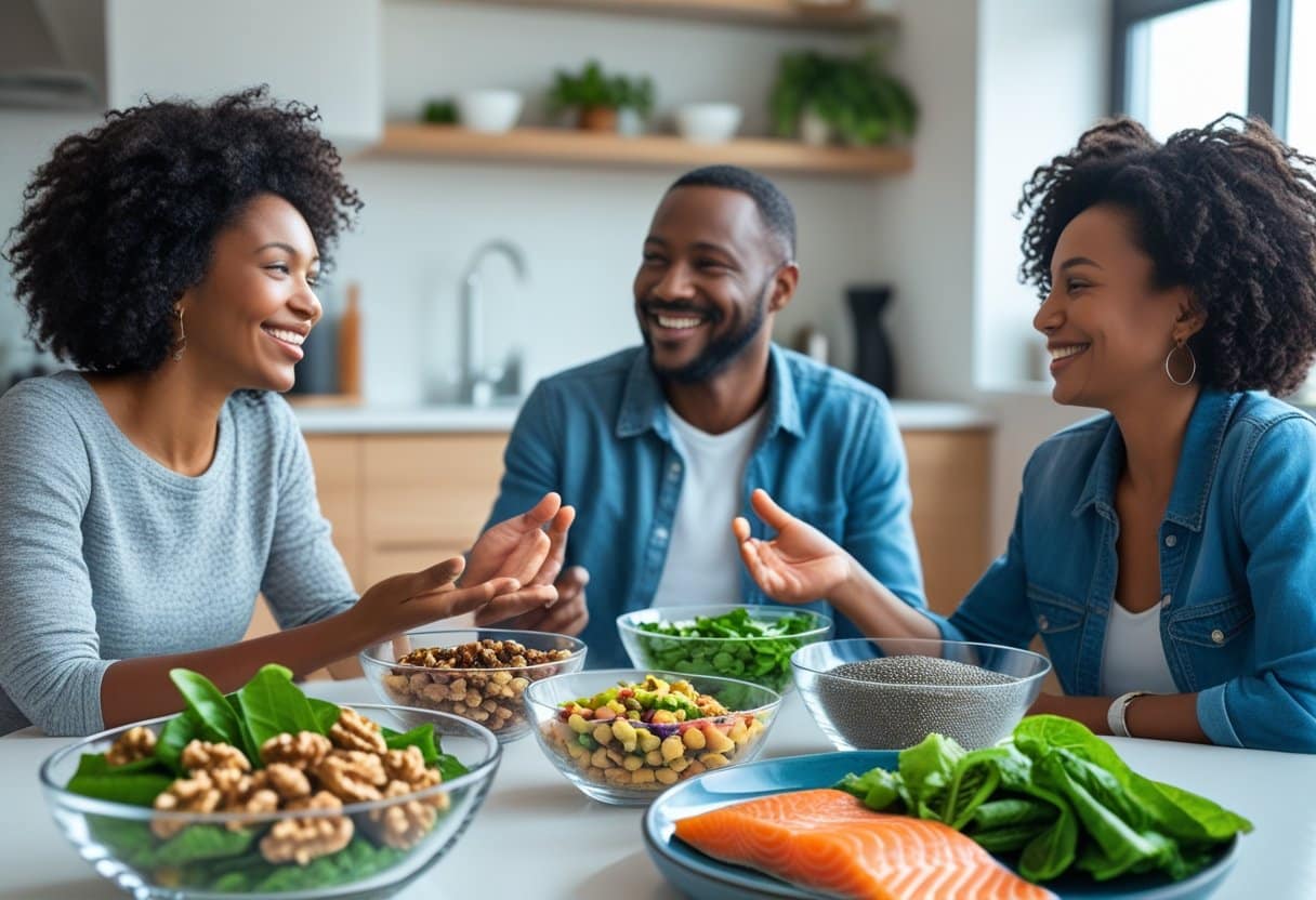 Three adults smiling and sitting at a kitchen table with bowls of omega-3 rich foods like salmon, walnuts, and leafy greens.