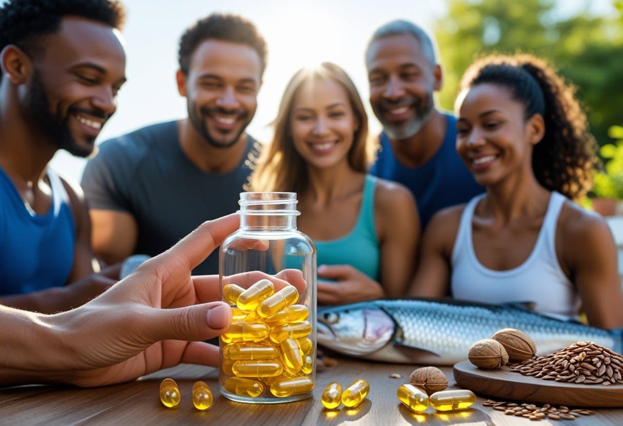 A close-up of a hand holding a bottle of omega-3 capsules with fresh fish, walnuts, and flaxseeds on a wooden table, with smiling adults enjoying outdoor wellness activities in the background.