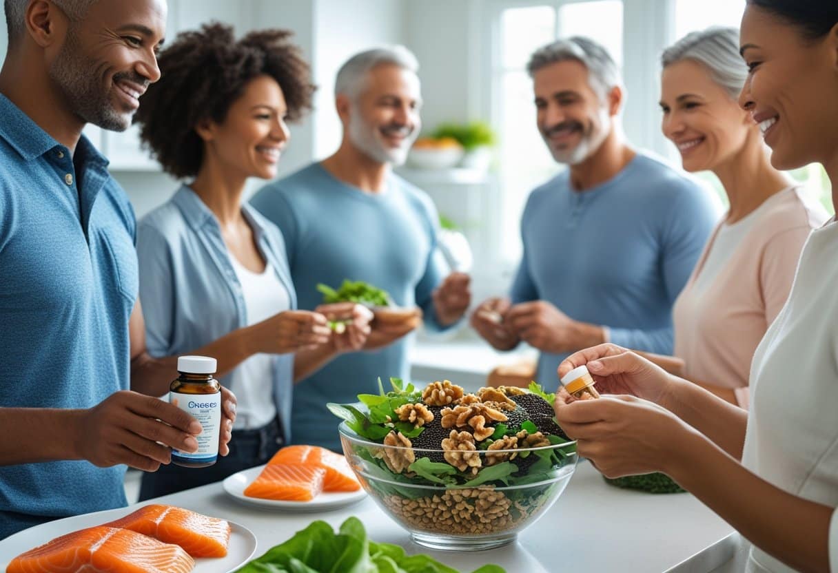 A group of healthy adults preparing food with omega-3 rich ingredients like salmon and walnuts in a bright kitchen.