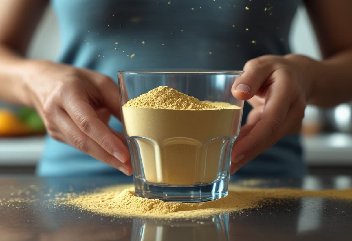 Close-up of a person’s hands preparing a glass of Metamucil powder mixed with water on a kitchen counter.