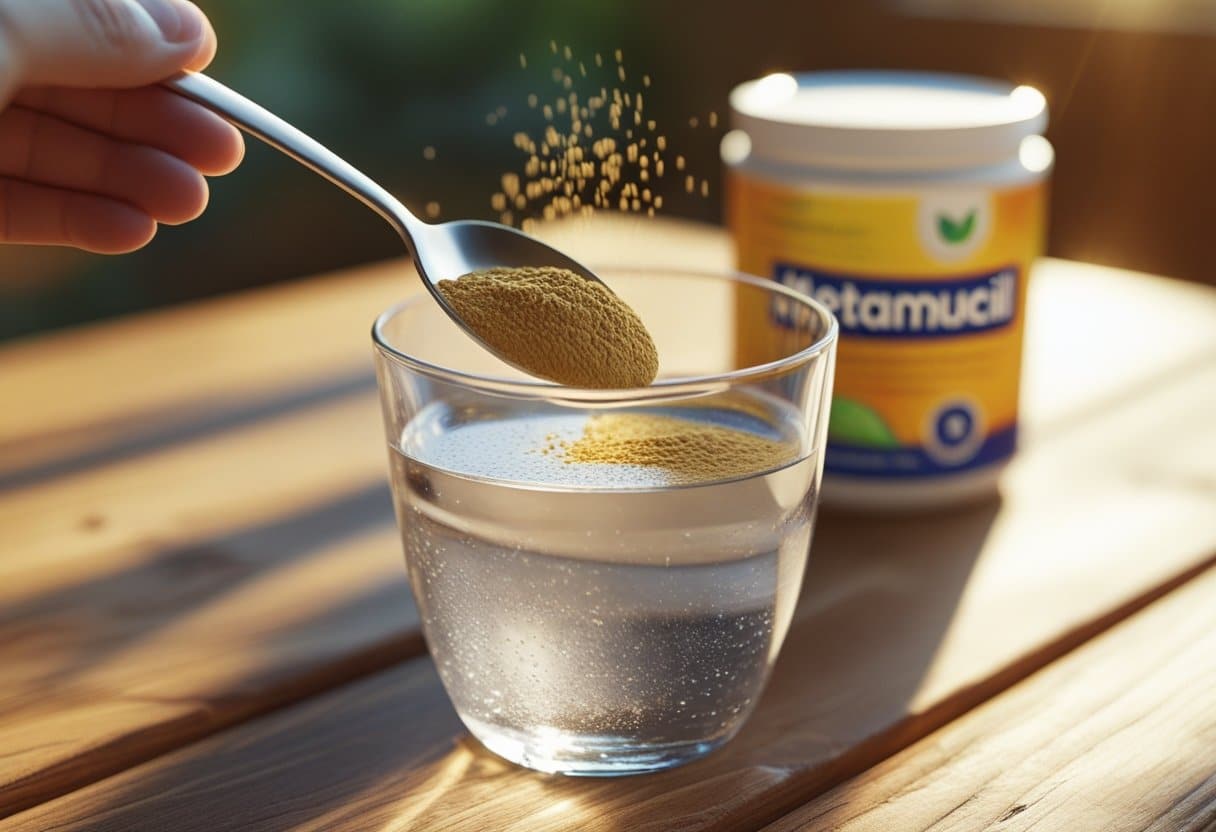 Close-up of a glass of water with Metamucil powder being stirred on a wooden table, with a blurred Metamucil container in the background.