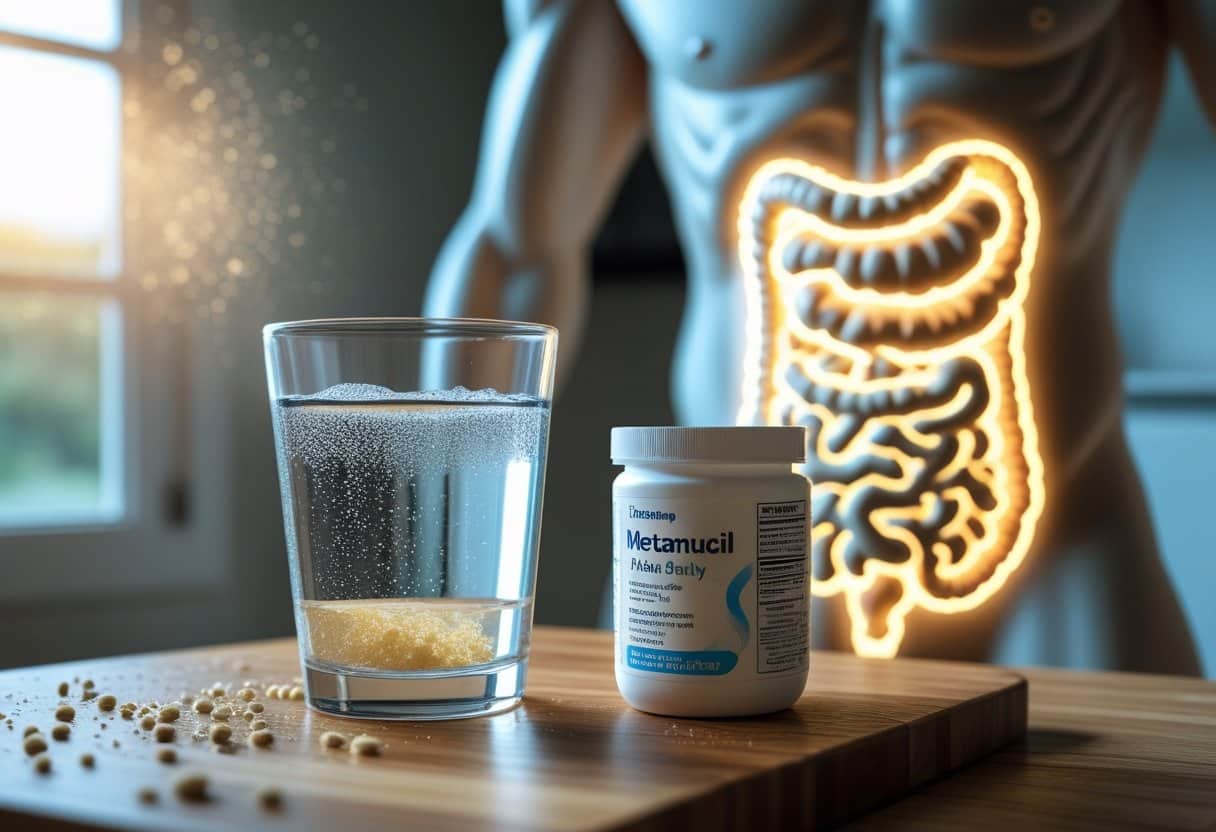 A close-up of a glass of Metamucil mixed with water and an open container on a wooden countertop, with a faint glowing outline of a human torso showing the digestive system in the background.