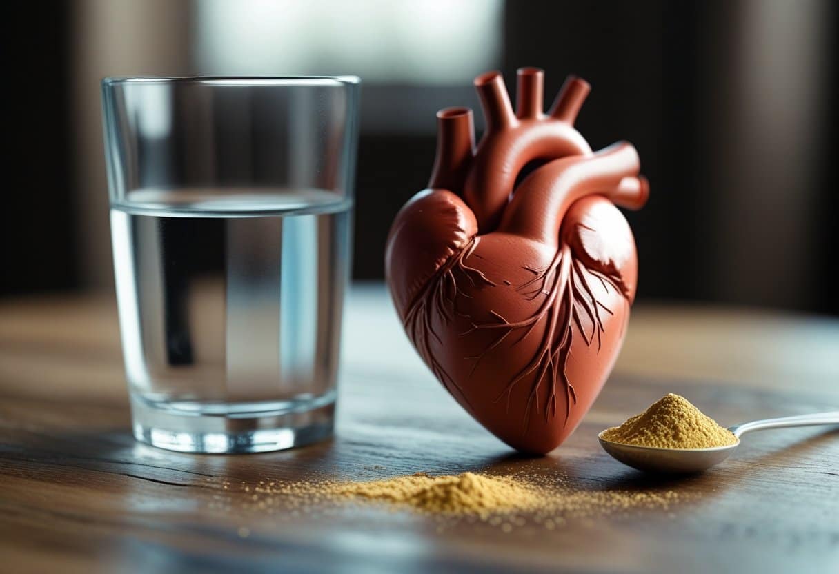 Close-up of a realistic human heart model next to a glass of water and a spoonful of Metamucil powder on a wooden table.
