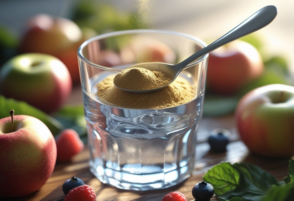 A glass of water with Metamucil powder being stirred, surrounded by fresh fruits and leafy greens on a wooden table.