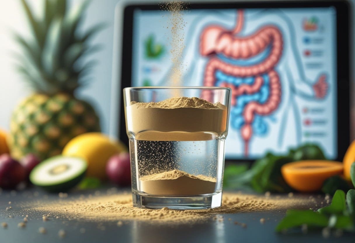 A close-up of a glass of water with Metamucil powder dissolving, surrounded by fresh fruits and vegetables, with a blurred digestive system illustration in the background.