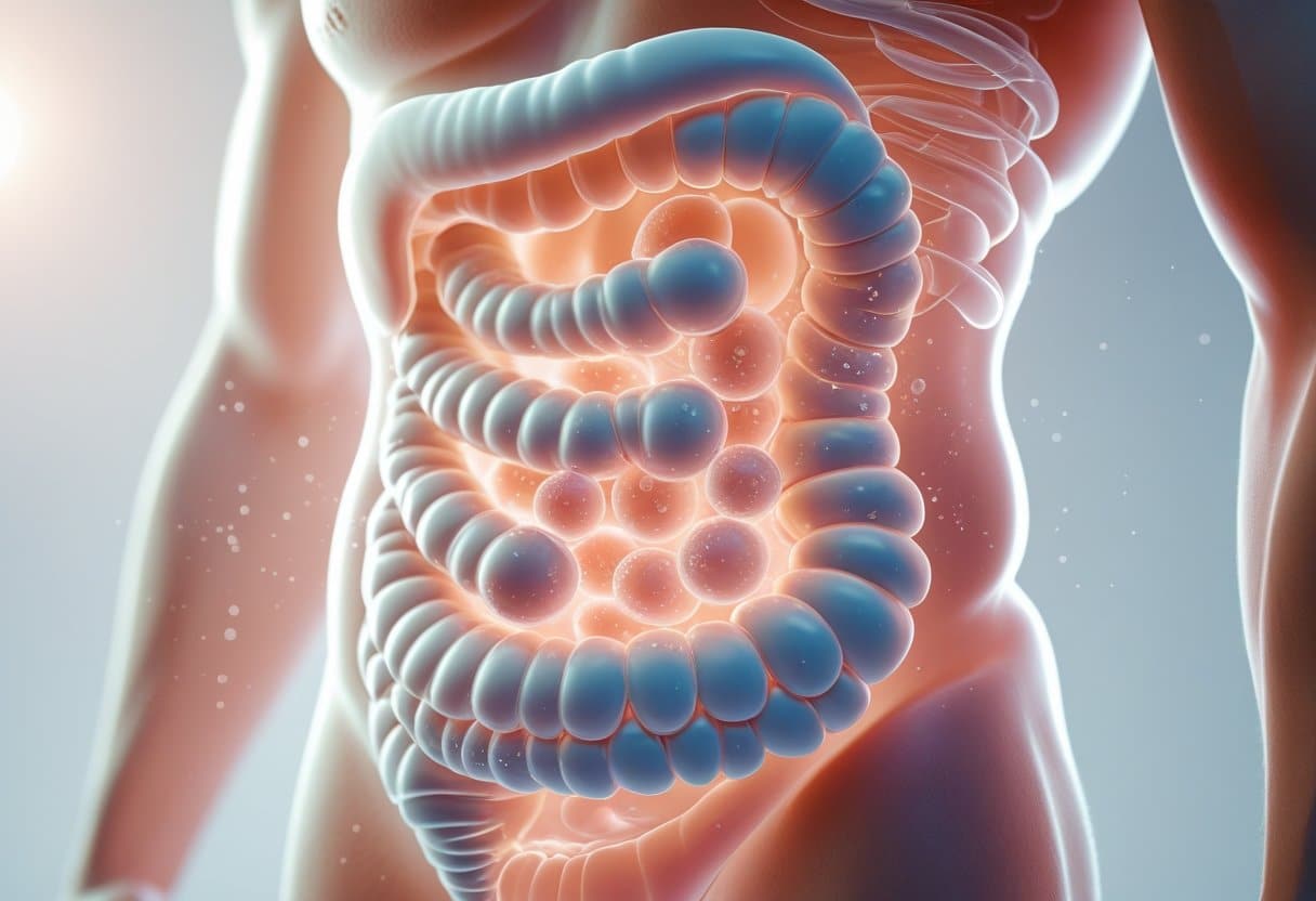 Side view of a human torso showing the stomach and intestines with visible gas bubbles and bloating inside the digestive tract.