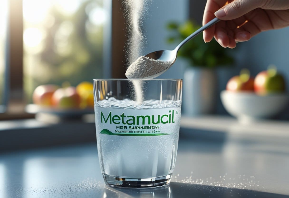 A glass of water with fiber supplement powder being stirred on a kitchen countertop, with fresh fruits blurred in the background.