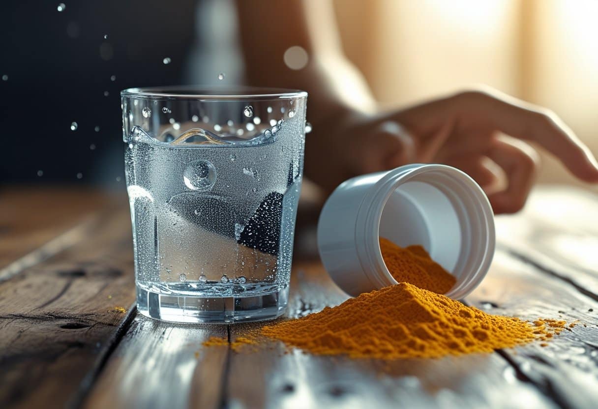 A close-up of a glass of water with condensation on a wooden table next to an open container of orange fiber powder and a scoop, with a blurred hand reaching for the glass.