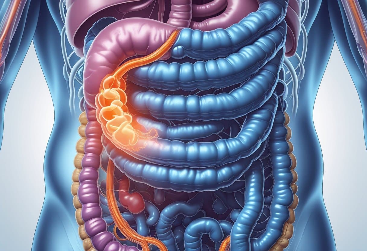 A detailed illustration of the human digestive system showing healthy intestines on one side and irritated intestines with inflammation on the other side.