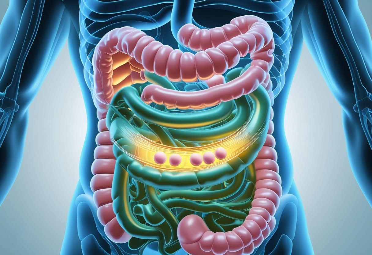 Illustration of the human digestive system showing how Dulcolax tablets dissolve in the stomach and stimulate movement in the intestines.