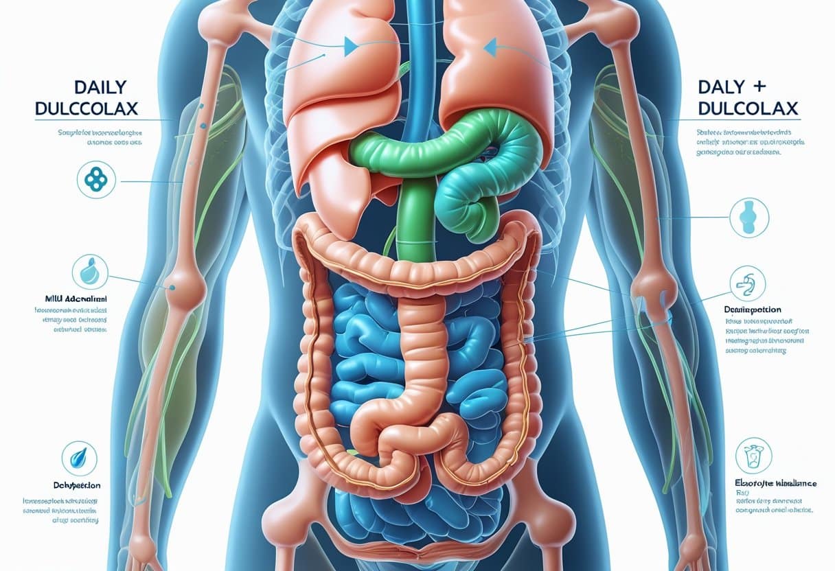 A detailed illustration of a human torso showing the digestive system with highlights on the intestines and visual indicators of increased bowel activity and mild side effects.