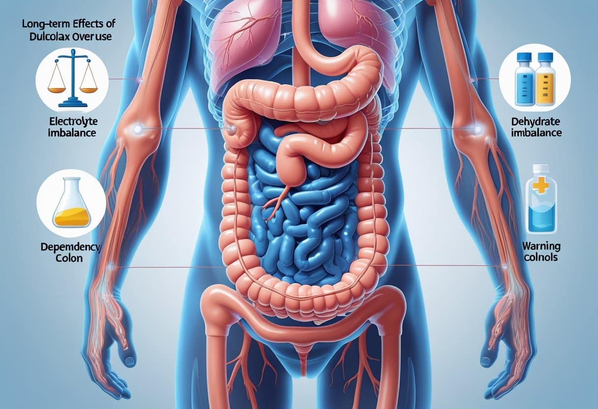 An anatomical illustration of a human torso highlighting the digestive system with signs of irritation and damage, accompanied by smaller images showing electrolyte imbalance, dehydration, and medication dependency.