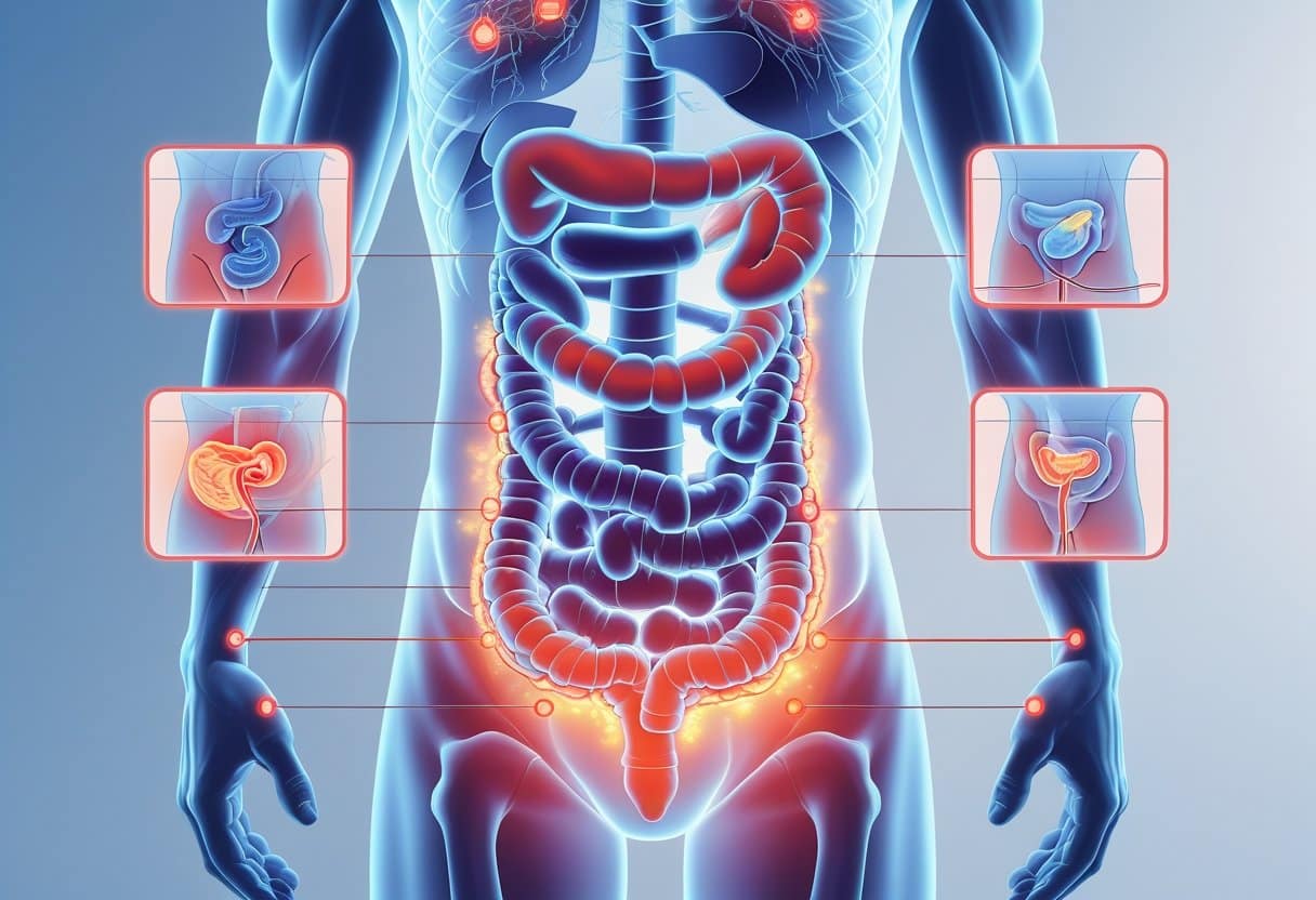 A detailed illustration of a human torso highlighting the digestive system with visual indicators of possible complications from daily Dulcolax use, including signs of irritation and discomfort.