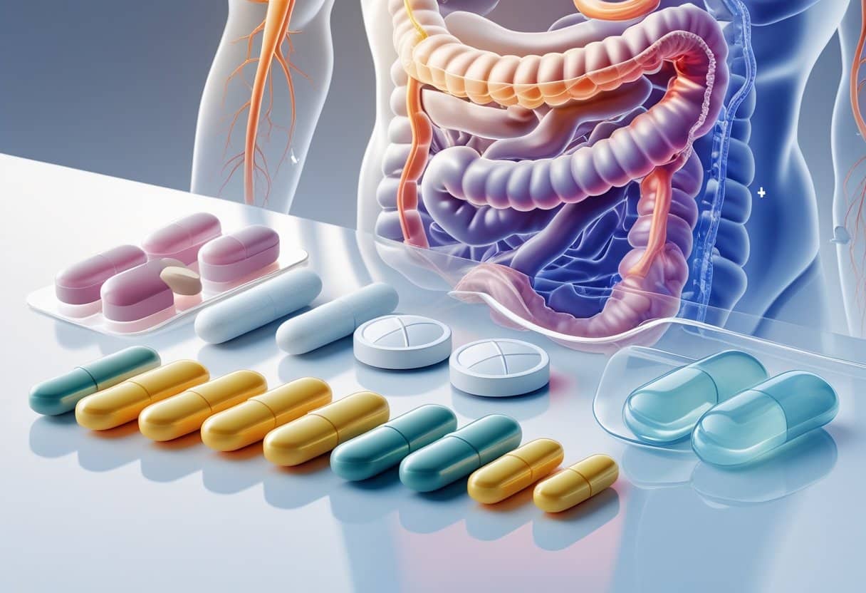 An illustration showing different forms of Dulcolax medication alongside a transparent view of the human digestive system highlighting the colon and intestines with subtle indicators of possible side effects.