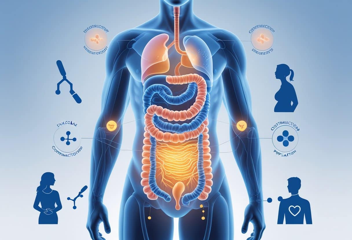 A human figure showing the digestive system with highlighted intestines, surrounded by symbols representing drug interactions, contraindications, and at-risk groups like pregnant women and elderly people.