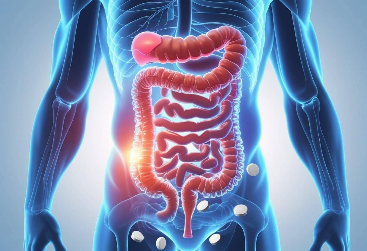 A human torso showing the digestive system with highlighted intestines, surrounded by pills and a balanced scale representing weight loss and eating disorders.