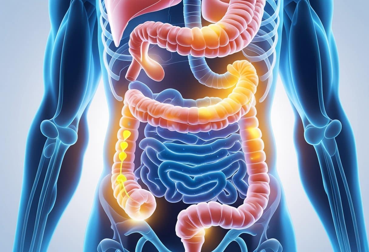 A detailed illustration of the human digestive system highlighting the intestines and showing effects of daily Dulcolax use with icons of safer alternatives like fruits, water, and exercise around it.