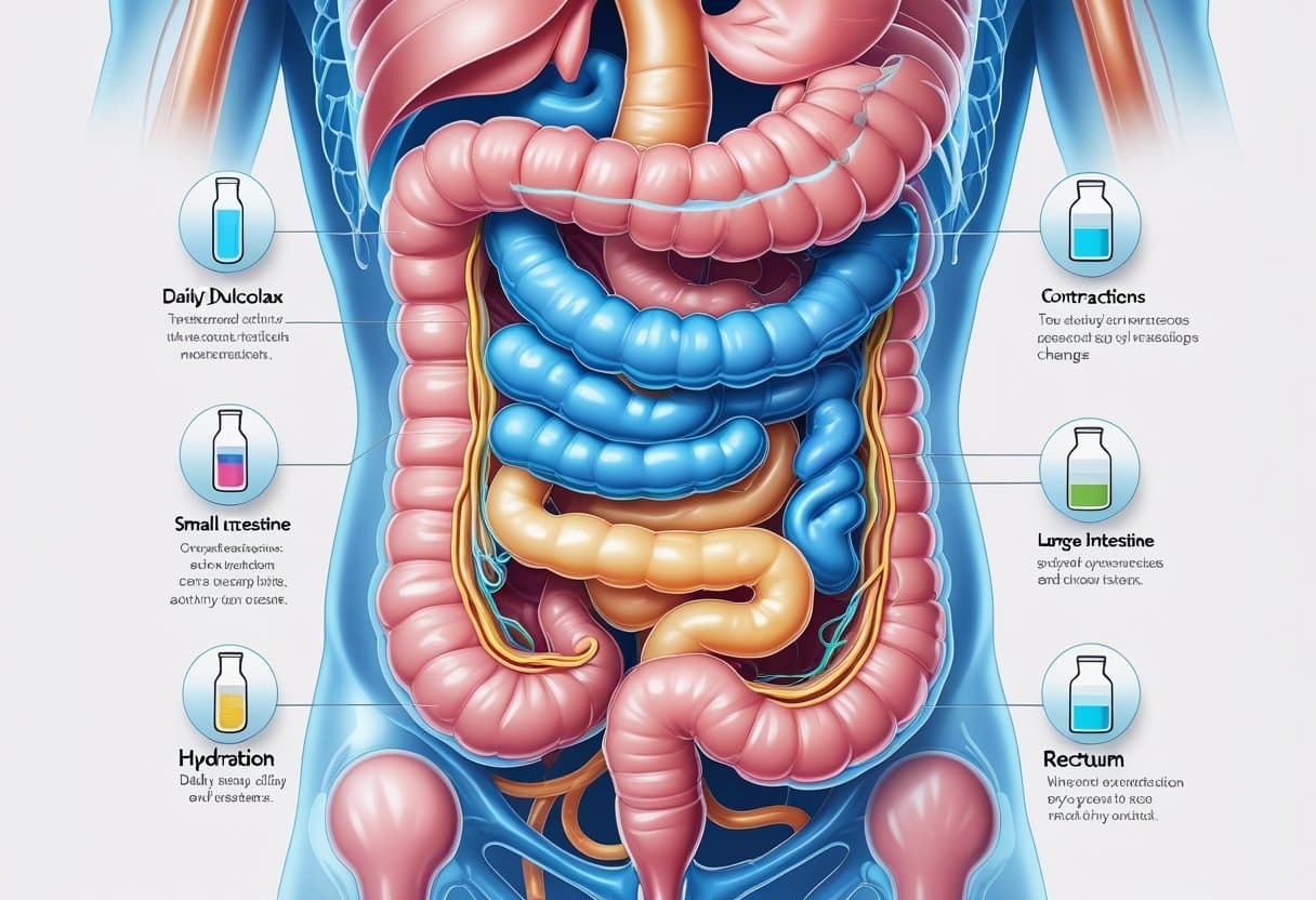 Illustration of the human digestive system highlighting the colon and intestines, showing effects of daily Dulcolax use on bowel activity and digestion.