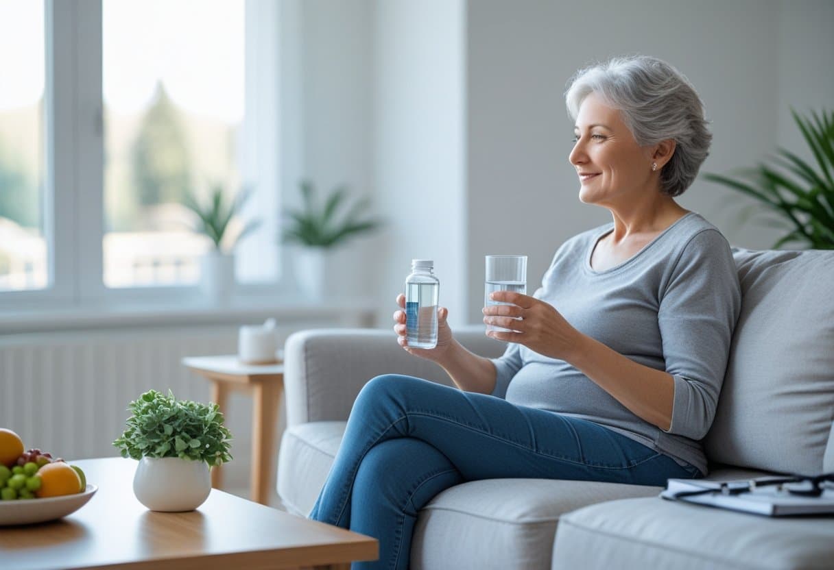 A person sitting on a couch holding a glass of water and a pill bottle in a bright living room with a coffee table displaying fruits and a plant.