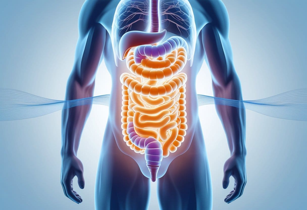 A semi-transparent human torso showing the digestive system highlighted with glowing light, symbolizing gentle relief and improved digestion.