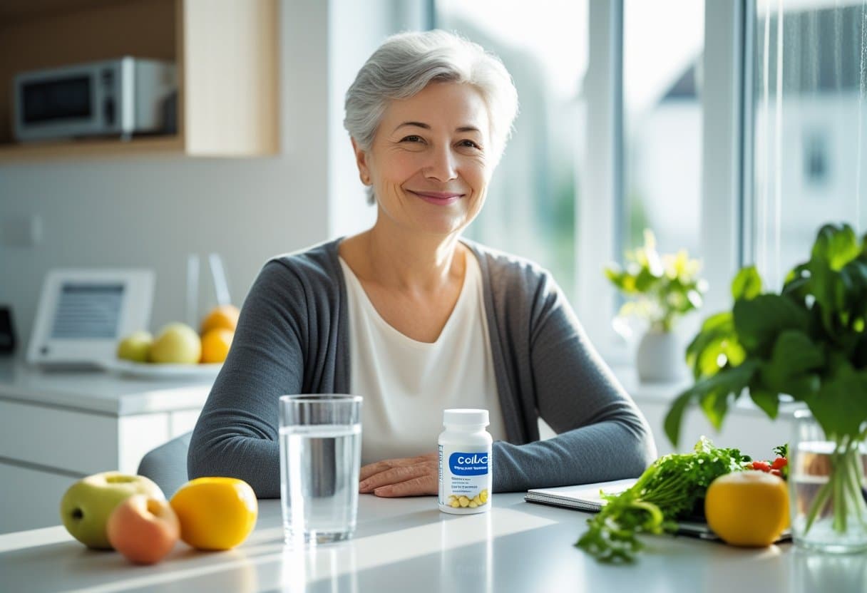 A middle-aged person sitting at a kitchen table with a glass of water and a small bottle of capsules, surrounded by fresh fruits and vegetables, suggesting daily digestive health care.