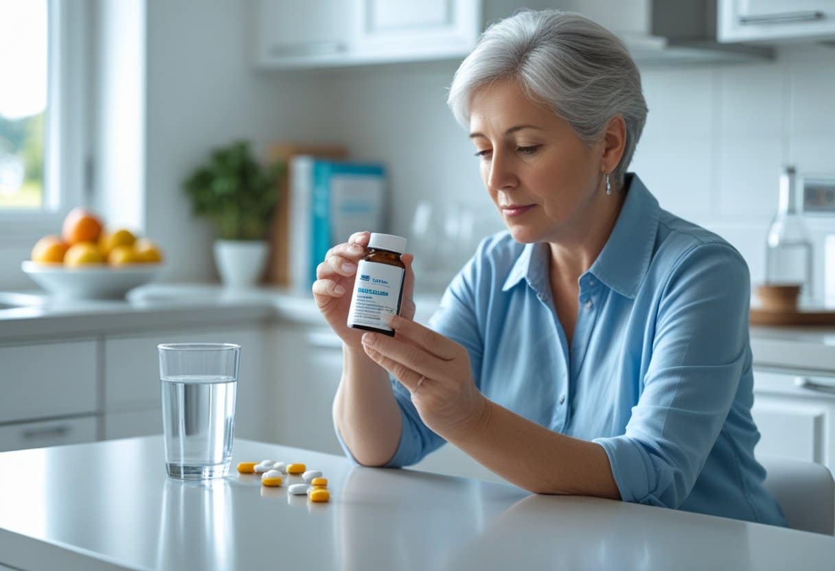 A middle-aged person reading a medication bottle at a kitchen table with a glass of water nearby.