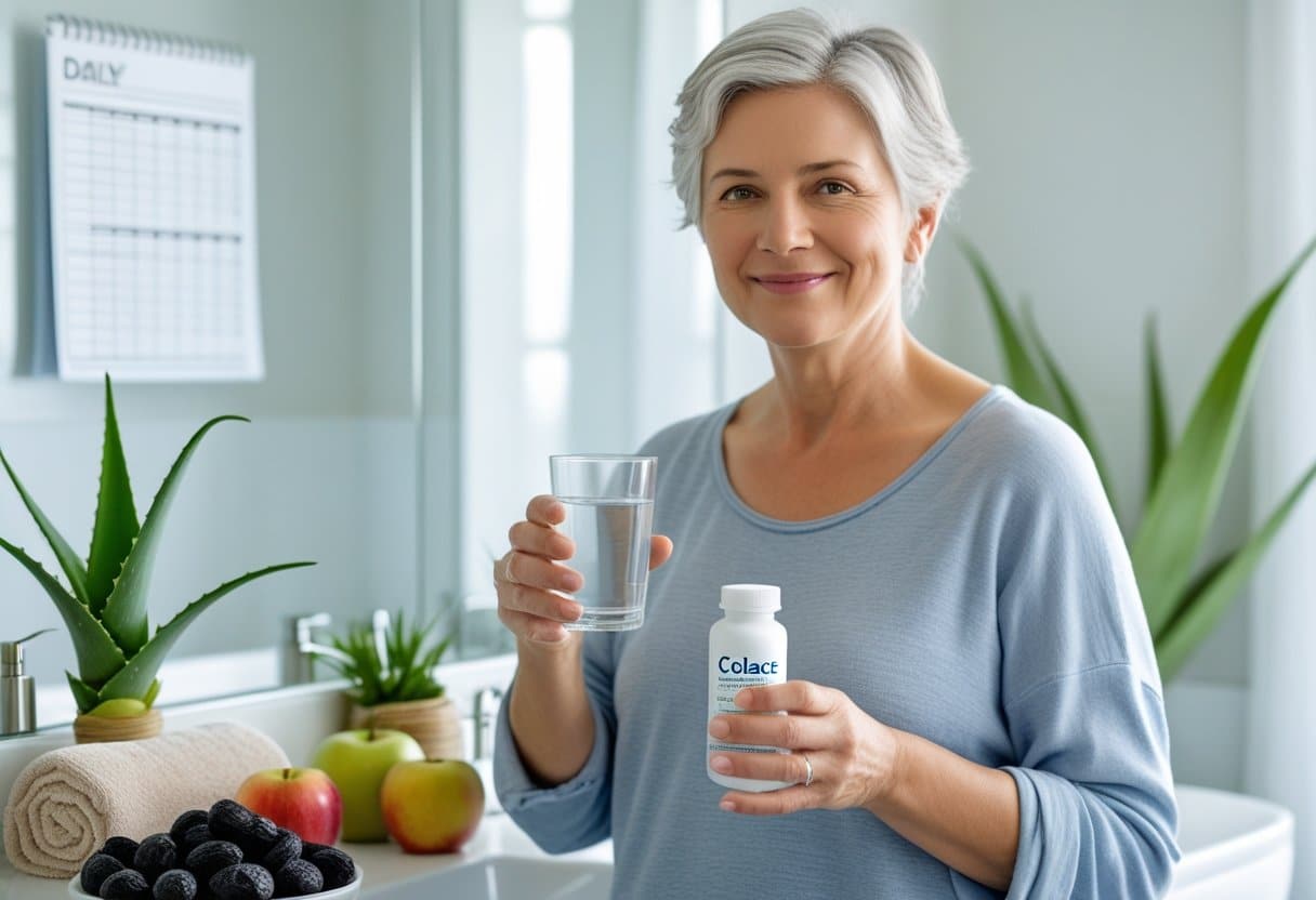 A middle-aged person holding a glass of water and a small pill bottle in a bright bathroom with natural light, surrounded by fruits and aloe vera on the counter.