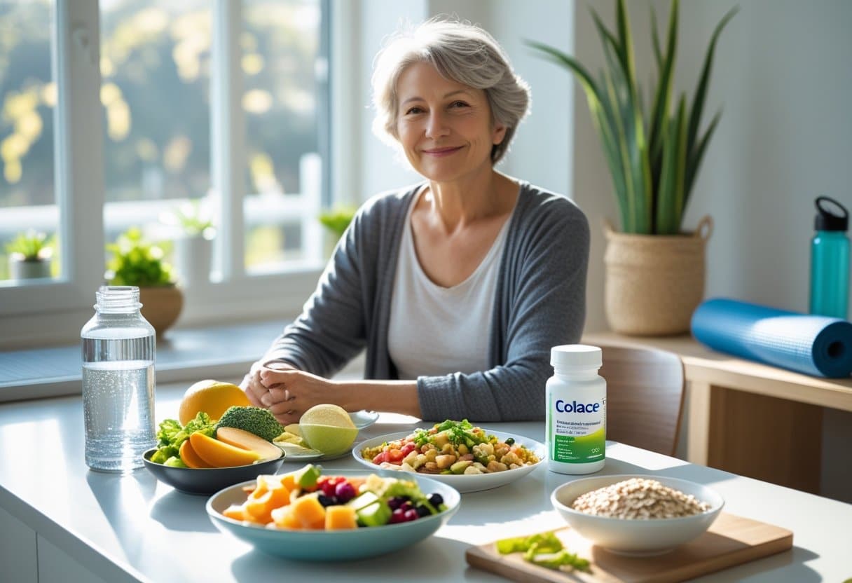 A person sitting at a kitchen table with a glass of water, a pill bottle, and a healthy meal including fruits, vegetables, and oatmeal.