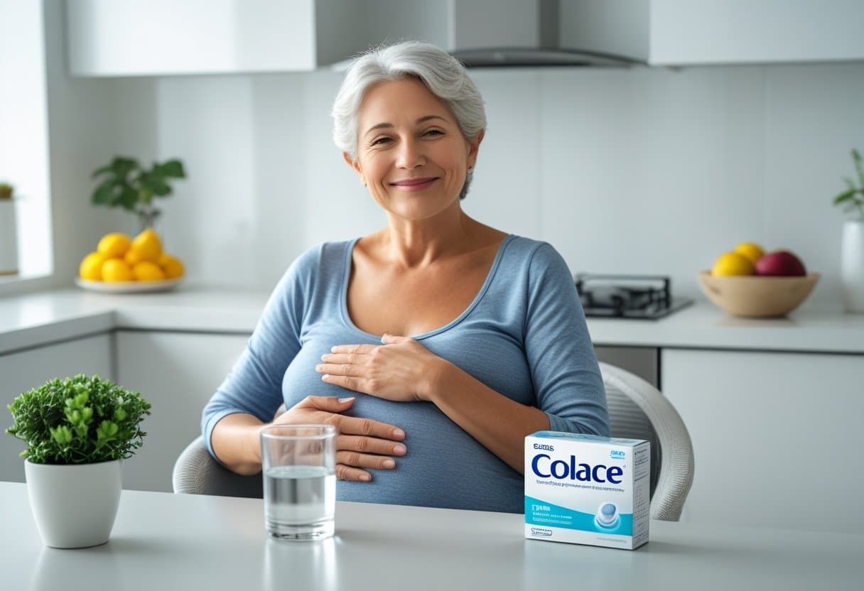 A middle-aged woman sitting at a kitchen table with a glass of water and a bottle of capsules, gently holding her abdomen and smiling.