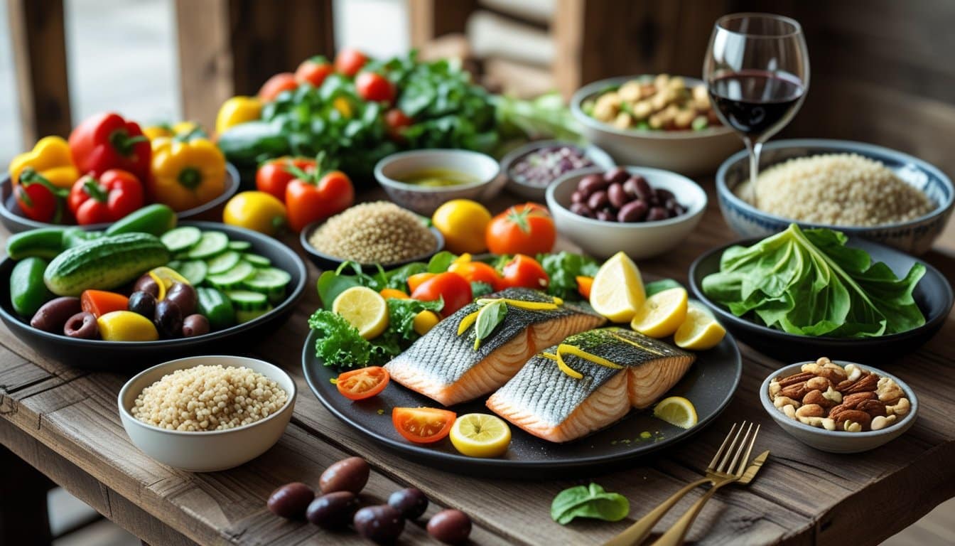 A spread of fresh Mediterranean foods including vegetables, grilled fish, whole grains, nuts, and a glass of red wine on a wooden table.
