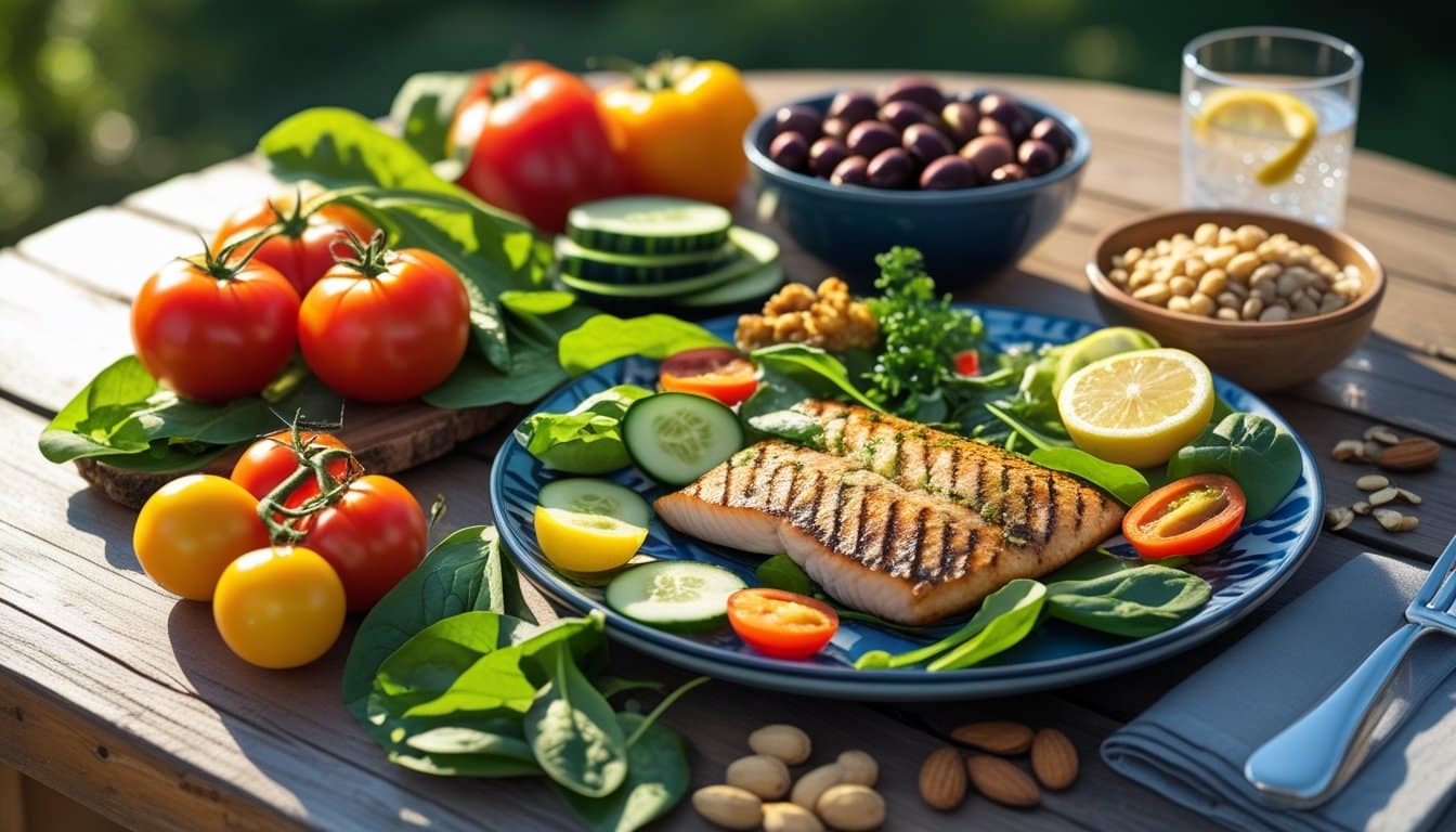 A rustic wooden table outdoors with a colorful Mediterranean meal featuring fresh vegetables, nuts, whole grains, and grilled fish.