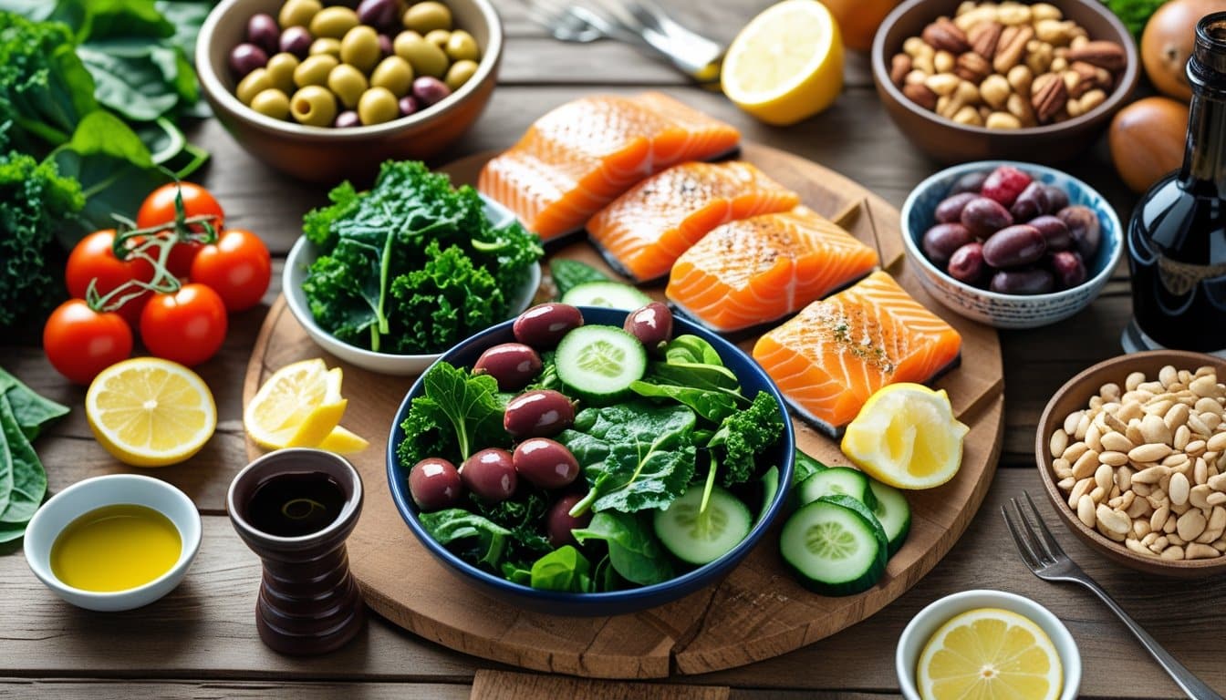 A table with a variety of fresh Mediterranean foods including vegetables, salmon, nuts, olives, bread, and a glass of red wine.